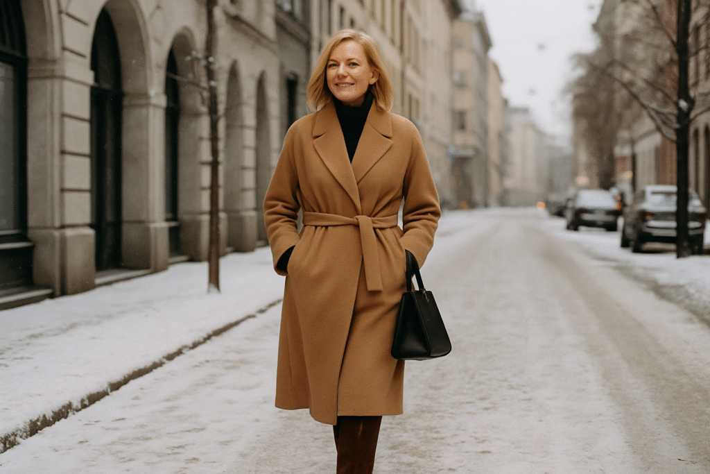 Winter outfit ideas for women over 40 featuring camel wrap coat, black turtleneck, leather handbag, and boots walking on snowy city street