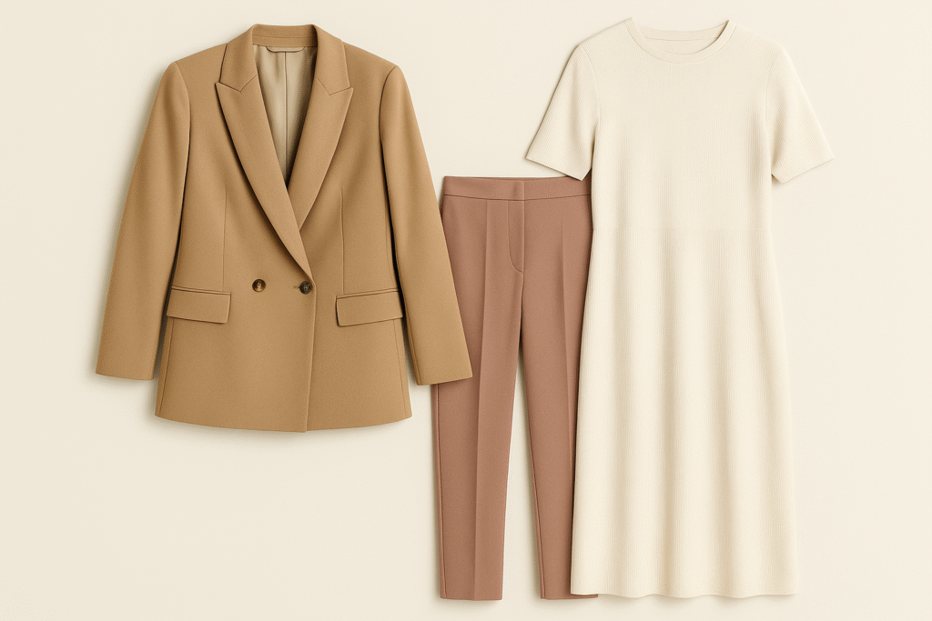 Chic work outfit ideas for women over 40 featuring camel blazer, wide-leg trousers, and structured tote