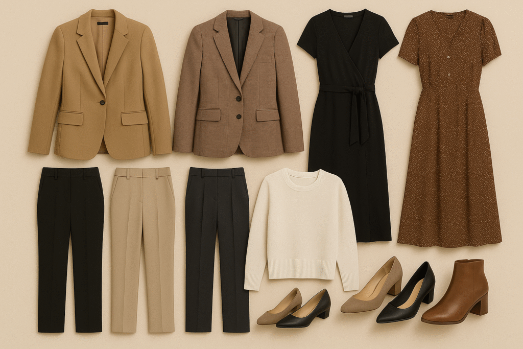 Capsule wardrobe staples for work outfit ideas for women over 40 including blazers, tailored trousers, midi dresses, knitwear, and neutral shoes
