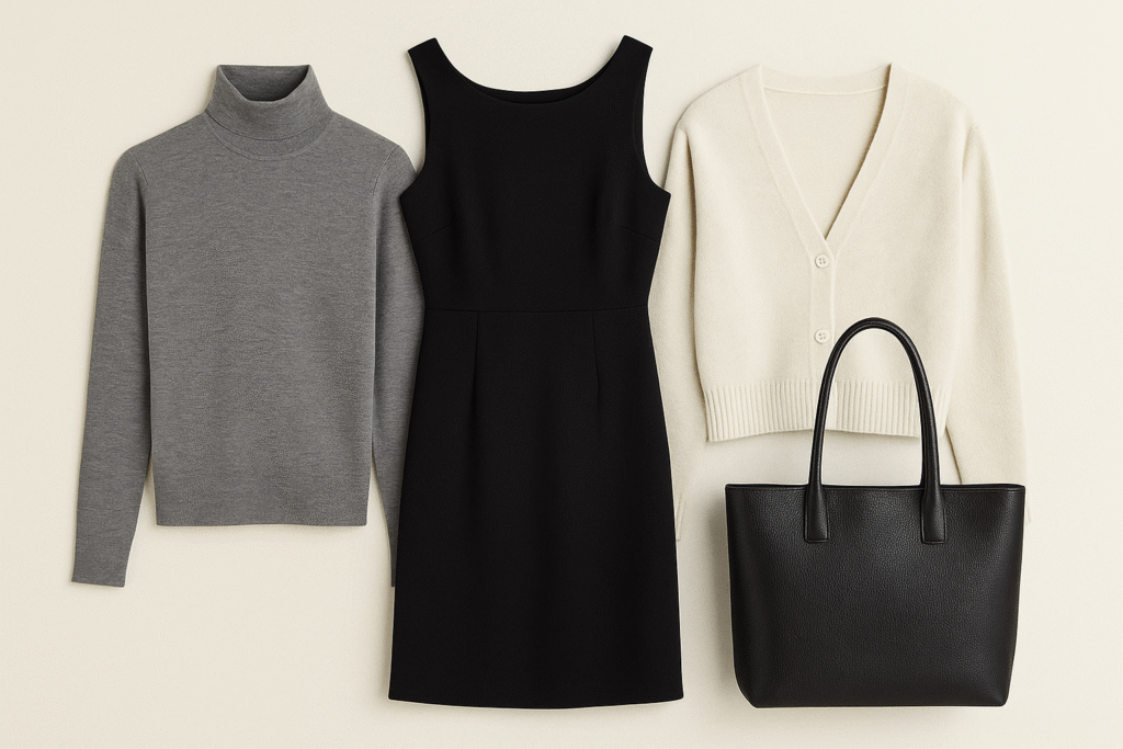 Work outfit ideas for women over 40 with fine-knit turtleneck, sleeveless black dress, cream cardigan, and black tote