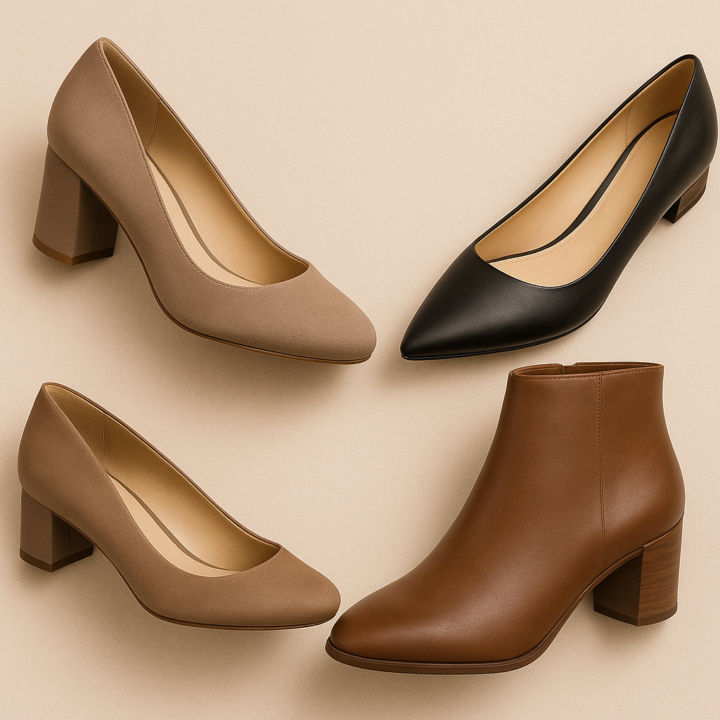 Work outfit ideas for women over 40 with nude block heels, pointed-toe flats, and brown ankle boots for all-day comfort