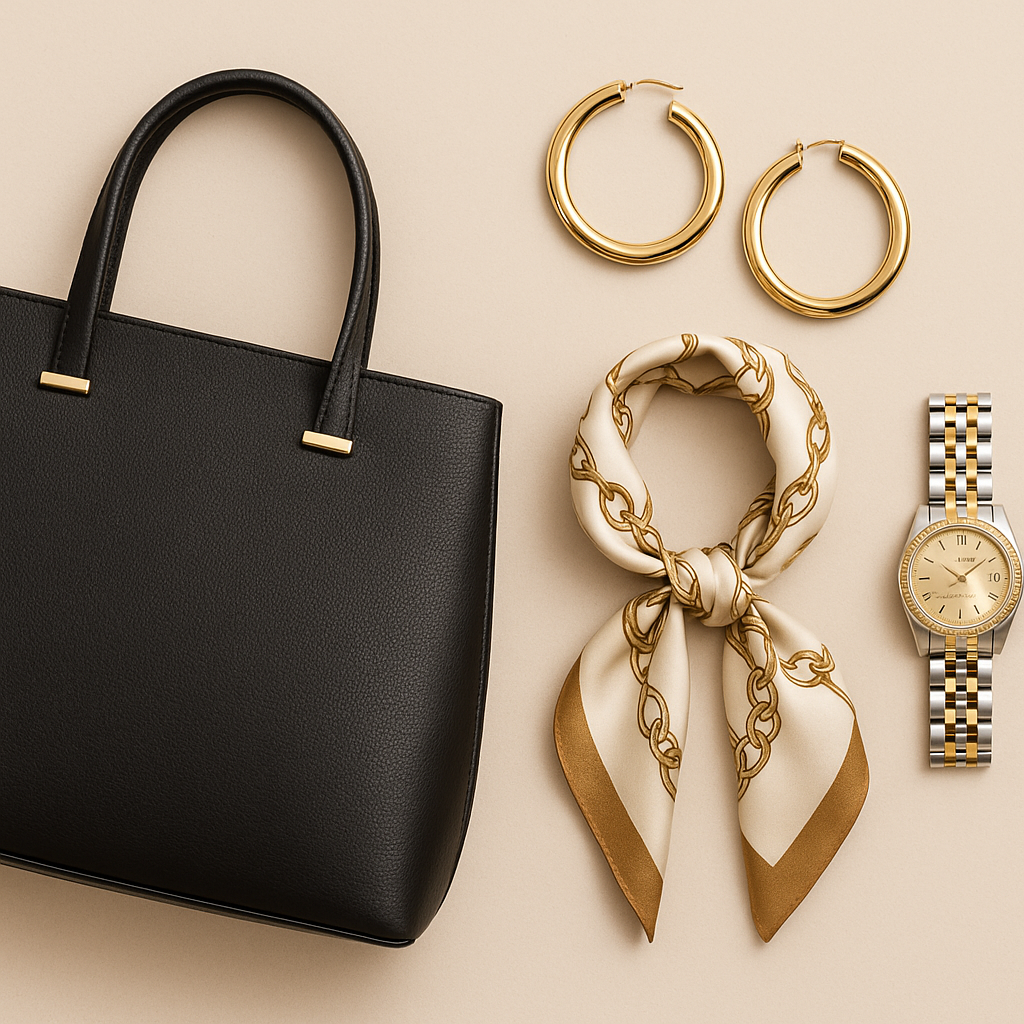 Work outfit ideas for women over 40 with statement accessories including structured tote, gold hoops, silk scarf, and watch