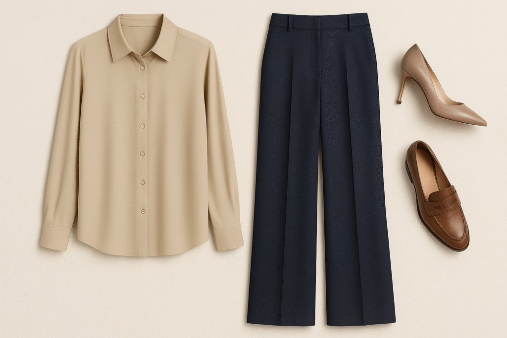 Work outfit ideas for women over 40 featuring camel blazer, slim trousers, and a chic cream midi dress