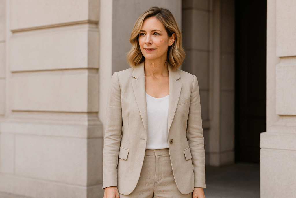 Work outfit ideas summer for women after 30, 40 with beige linen blazer and white top