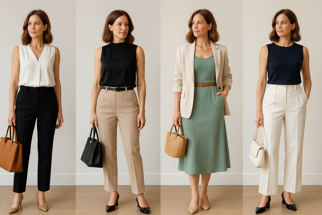 Chic work outfit ideas summer for women after 30, 40 with sleeveless blouse and tailored trousers